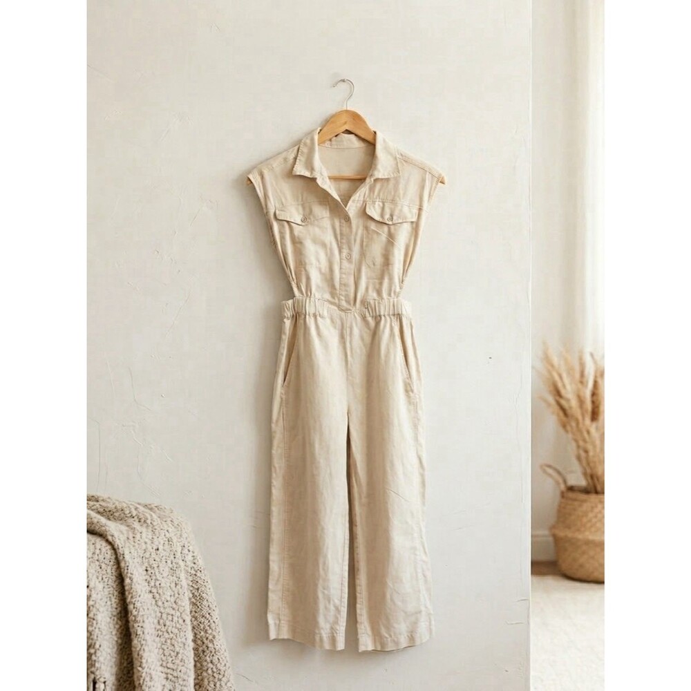 ZARA Linen Blend Cutout Jumpsuit Beige Button Front 11-12 Years Neutral
